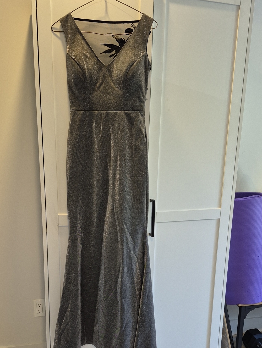 Women's Metallic Silver V-Neck Evening Dress Prom Dress